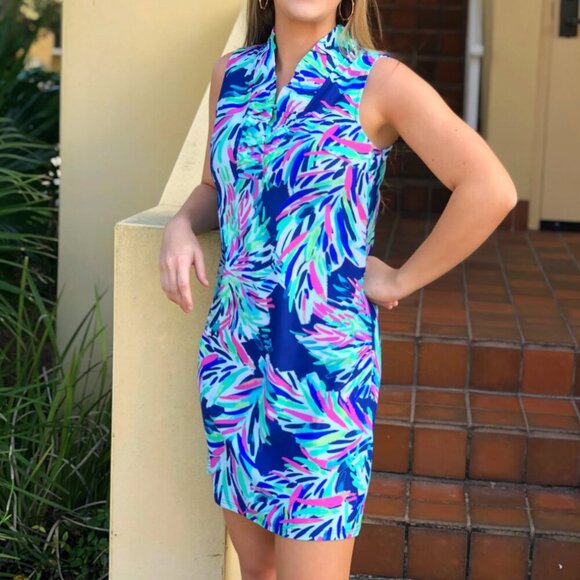 Aryeh Tropical Print Ruffle Neckline Sleeveless UPF +50 Sleeveless Dress, S - Picture 8 of 8